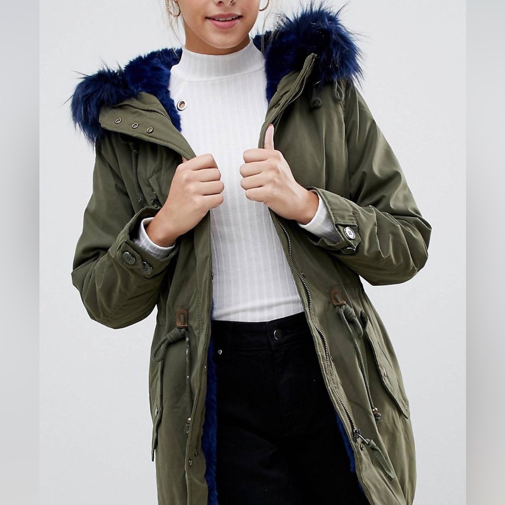 Bershka Parka Coat With Faux Fur Hood And Trim